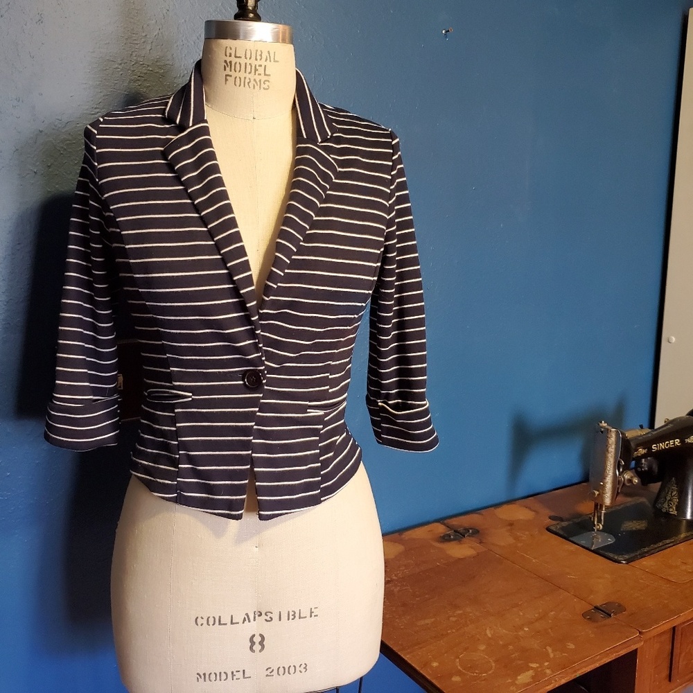 Sans Souci Navy & White Striped Cropped Blazer
